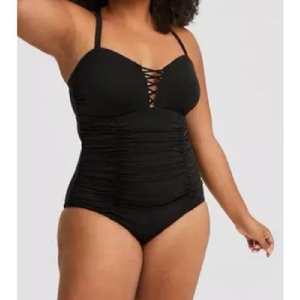 Torrid One Piece Swimsuit Black Ruched Lace Up Front Womens Sz 4 Plus Swim